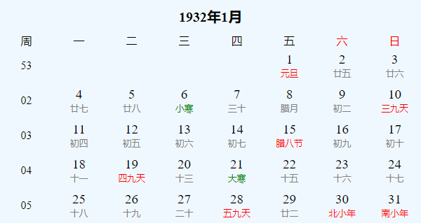 日历表1932年