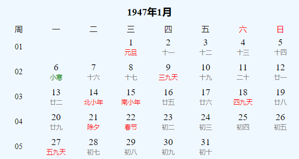 日历表1947年