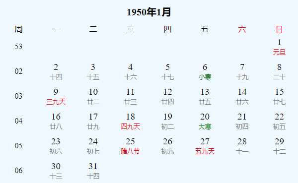 日历表1950年