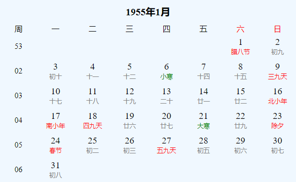 日历表1955年