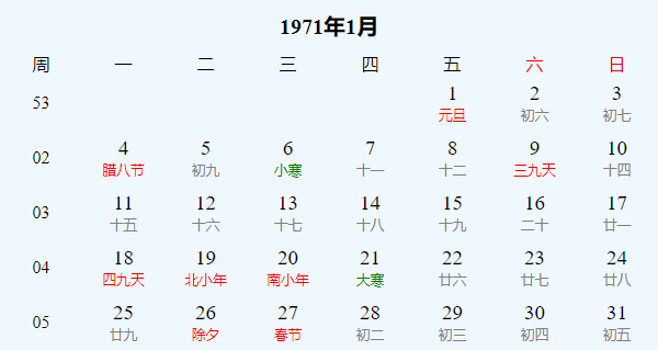 日历表1971年