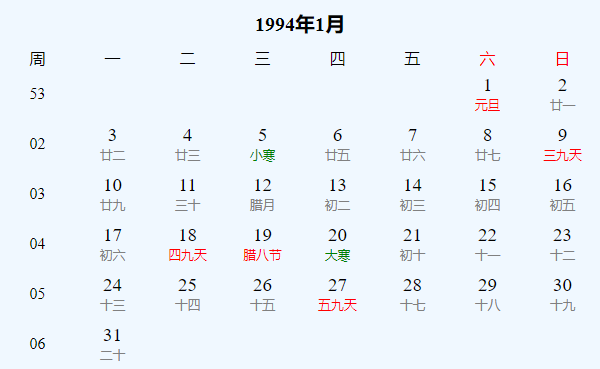 日历表1994年