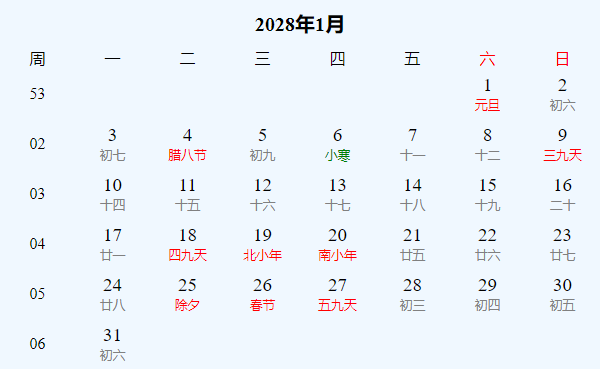 日历表2028年